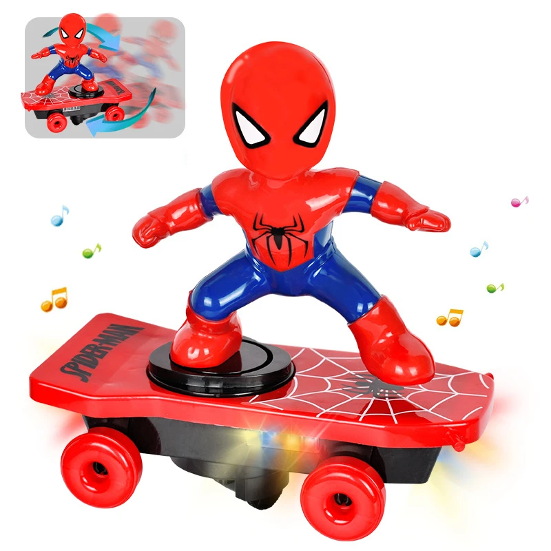 Automatic rotation Electric Skateboard spiderman Dance Robot Electronic Walking Toys With Music Light Kids Toy