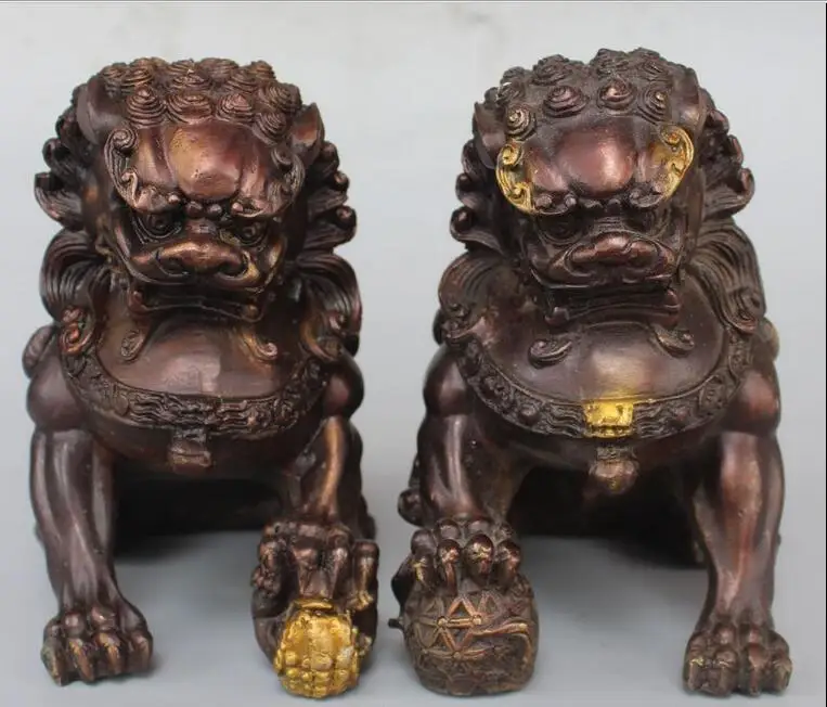 

free 7" Chinese Feng Shui Bronze Gilt Foo Fu Dog Guardion Lion Ball Son Statue Pair fast