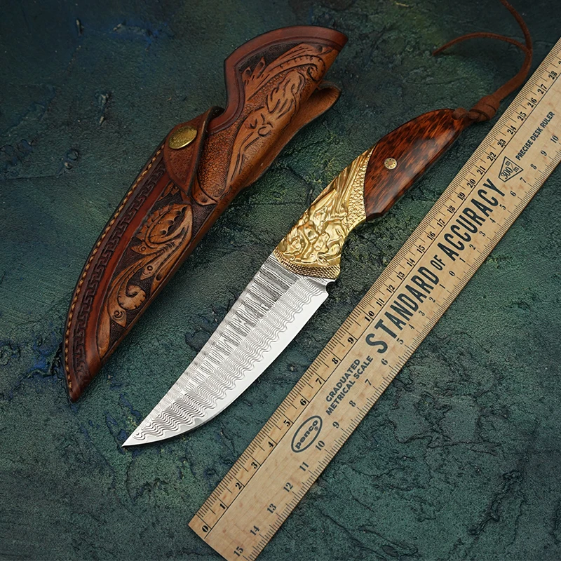 

TUREN-Full Tang VG10 Damascus Steel Fixed Blade Knife Embossed Handle Handmade Hunting Knives Survival Rescue Tools With Sheath