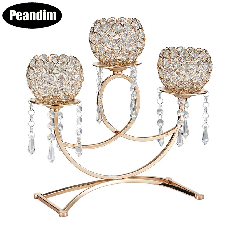 

PEANDIM Crystal 3-arms Candelabra Golden Candle Holder With Crystal Pendants Votive Candlestick Wedding Centerpieces Decor
