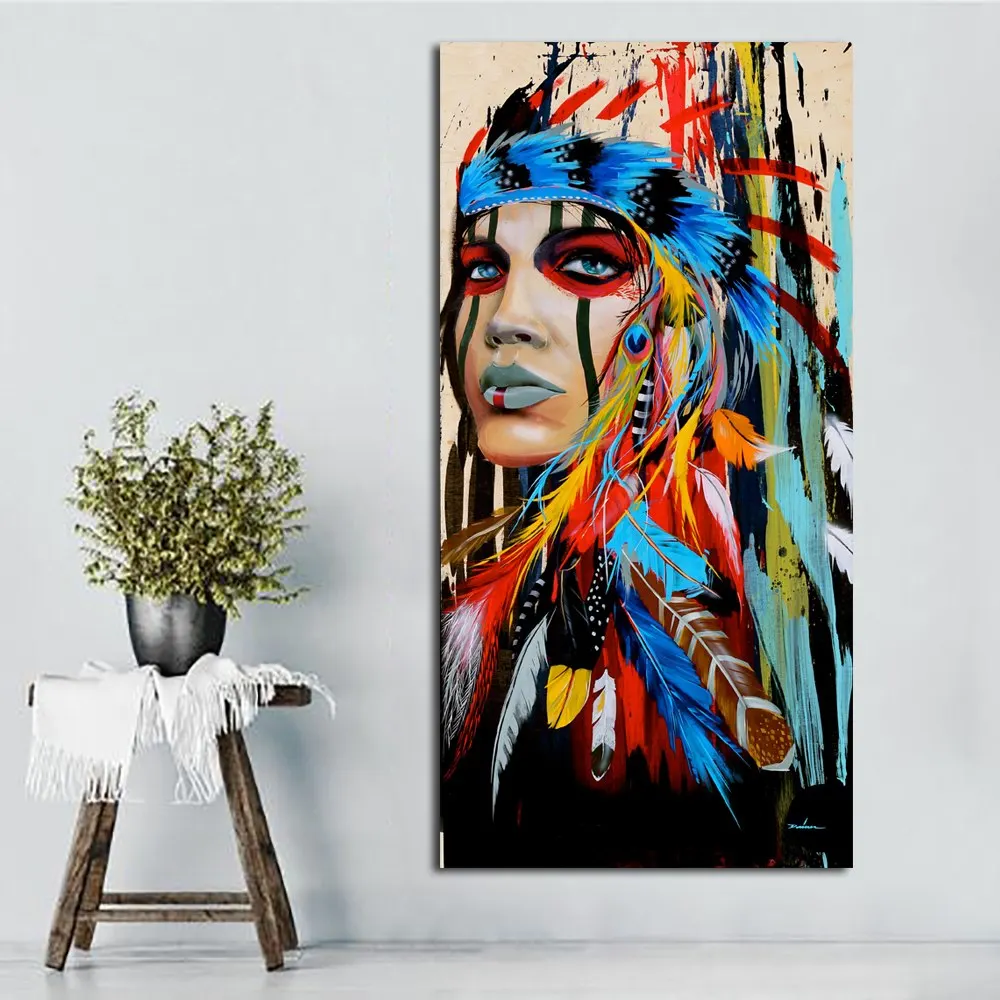 

One piece canvas painting of hot sell American Indian beautiful girl portrait poster printer of living room wall decoration