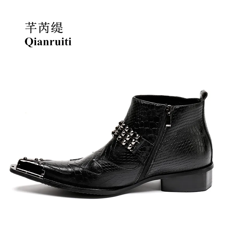 

Qianruiti Autumn Men's Ankle Boots Alligator Leather Fashion Male Boots Silver Chains Metal Toe Men Short Boots