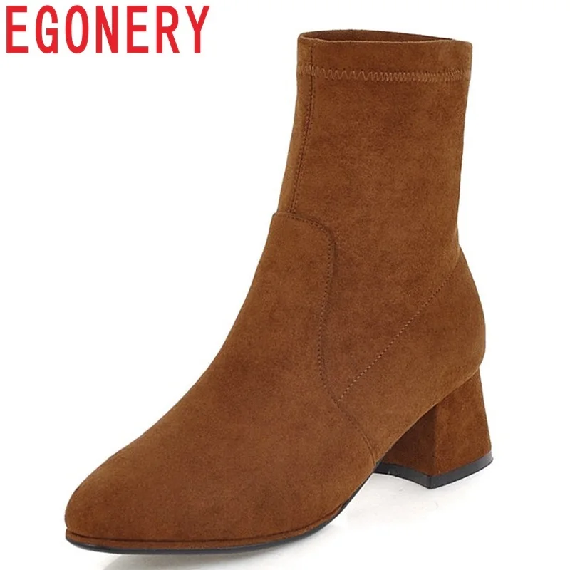 

EGONERY winter newest plush warm faux suede med hoof heels slip-on ankle boots outside concise leisure shoes women size 34-42
