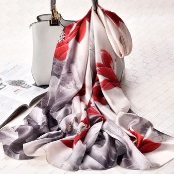 

Women 100% Pure Silk Scarf Shawls and Wraps Print Natural Silk Long Scarves Headscarf Neckerchief For Ladies Foulard Femme