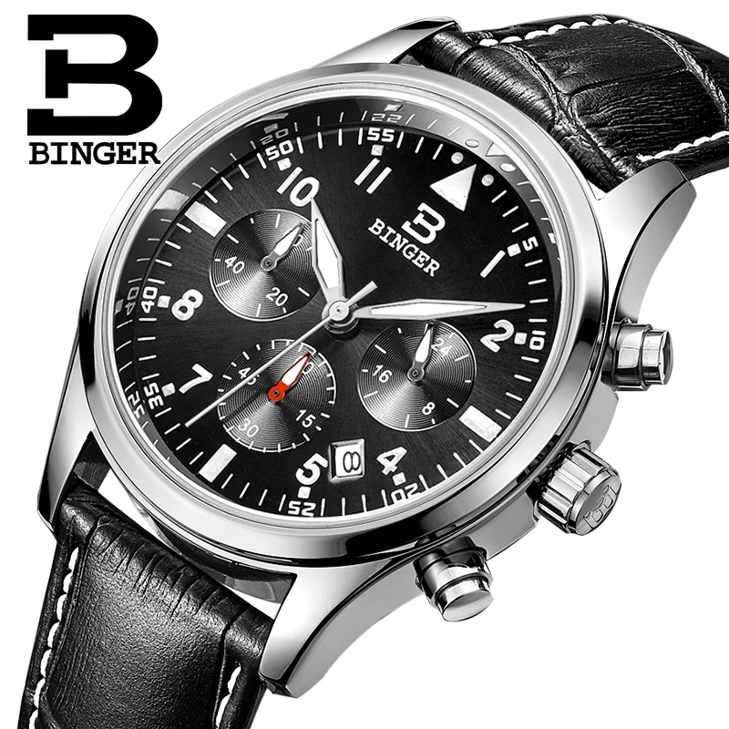 Switzerland BINGER мужские часы люксовый бренд Кварцевые водонепроницаемые часы с кожаным ремешком хронограф секундомер наручные часы B9202-8