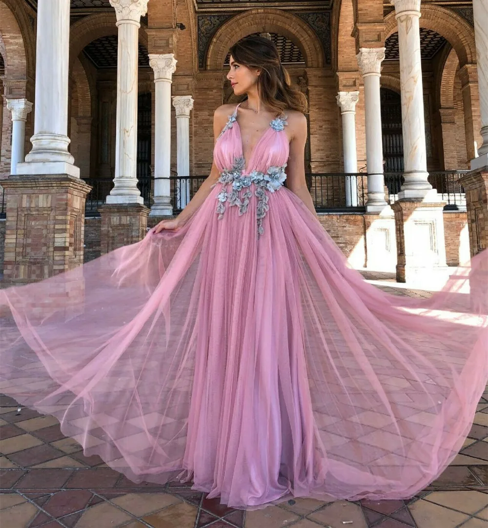 

Sexy V Neck Evening dress Pink backless Prom dress Long skirt Lace Application Robe de soiree Tailored