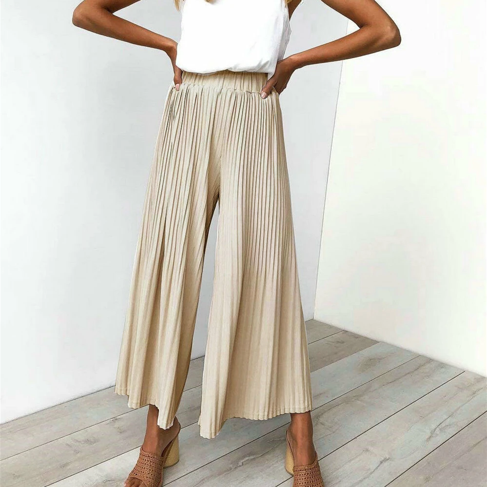 

Women Elastic Pleated Palazzo High Waist Career Wide Leg Pants Ladies Beach Loose Pleated Casual Straight Trousers