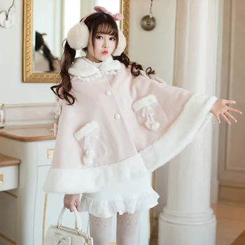 

Princess sweet lolita coat Little chap girl wool coat lapel loose winter female candy rain cloak woolen coat students C22CD7299