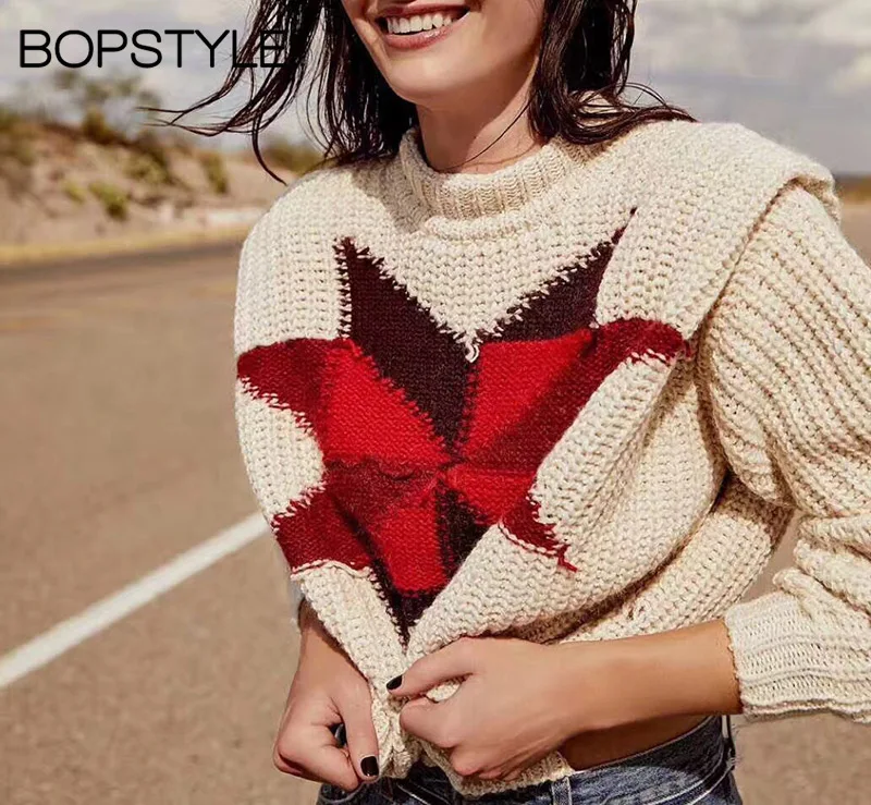 hiver Tricoter À Pull En Automne Col Tricot Géométrique Pull Élégant Multi Contraste Mode femmes Tissage Stand Mélangée De Laine 2019 Épais OgvwxqUTv