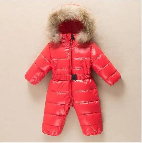 Зимние теплые детские комбинезоны; Детский комбинезон на утином пуху; зимний комбинезон для маленьких мальчиков и девочек; комбинезон с меховым капюшоном; костюм; одежда - Цвет: red