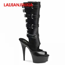 LAIJIANJINXIA/вечерние пикантные сапоги до колена для ночного клуба; ботфорты из искусственной кожи с открытым носком на высоком каблуке; Новинка года; сексуальная обувь для танцев; B-017