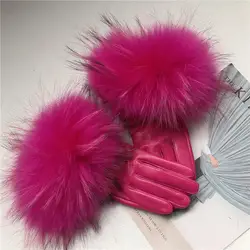 Женские перчатки из натуральной кожи, зимние теплые перчатки из натуральной овчины и натурального меха, модный стиль, натуральный пушистый
