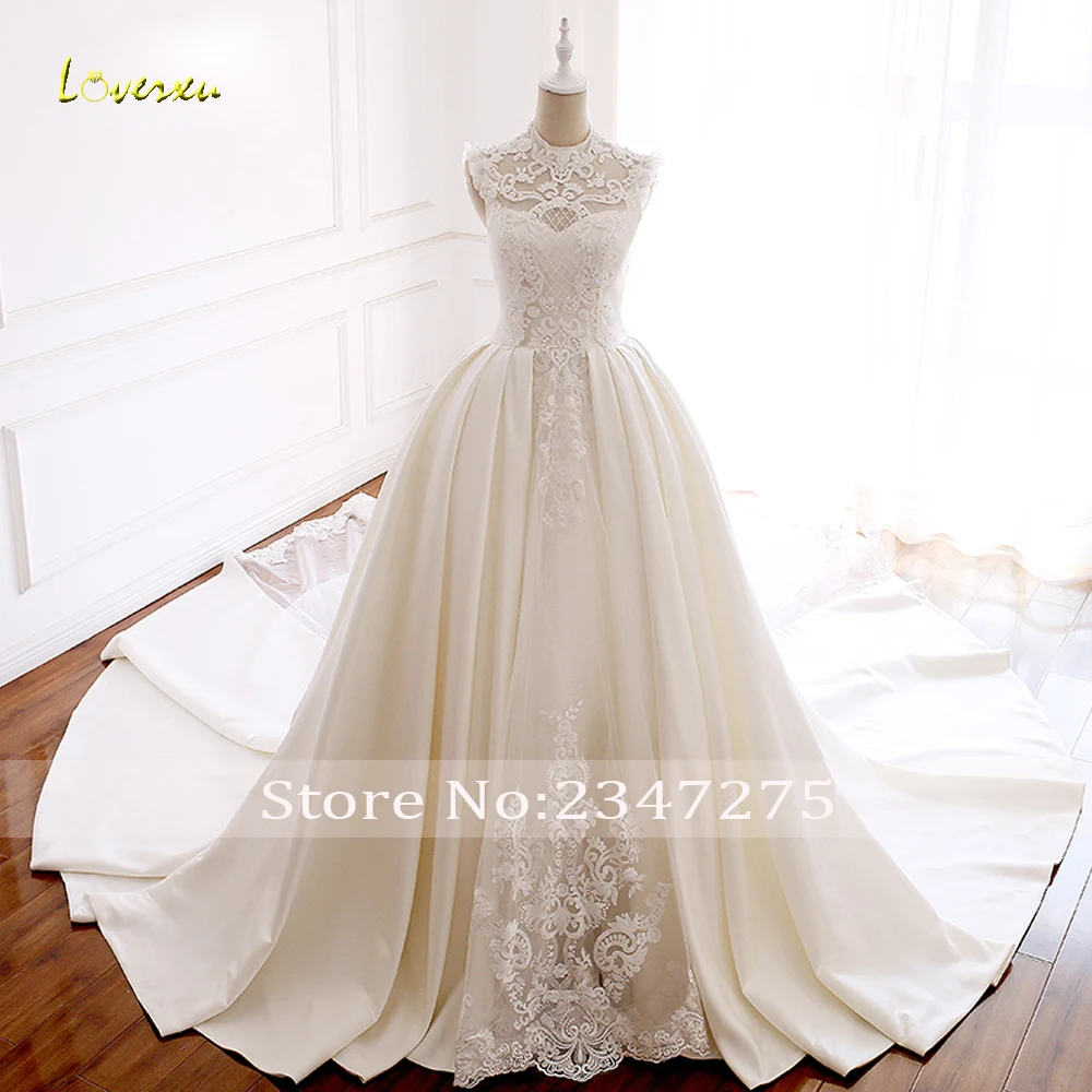 Loverxu Vestido De Noiva высокое бальное платье с круглым вырезом Свадебное платье Аппликации Часовня Поезд вырез ДРАПИРОВАННОЕ атласное винтажное свадебное платье