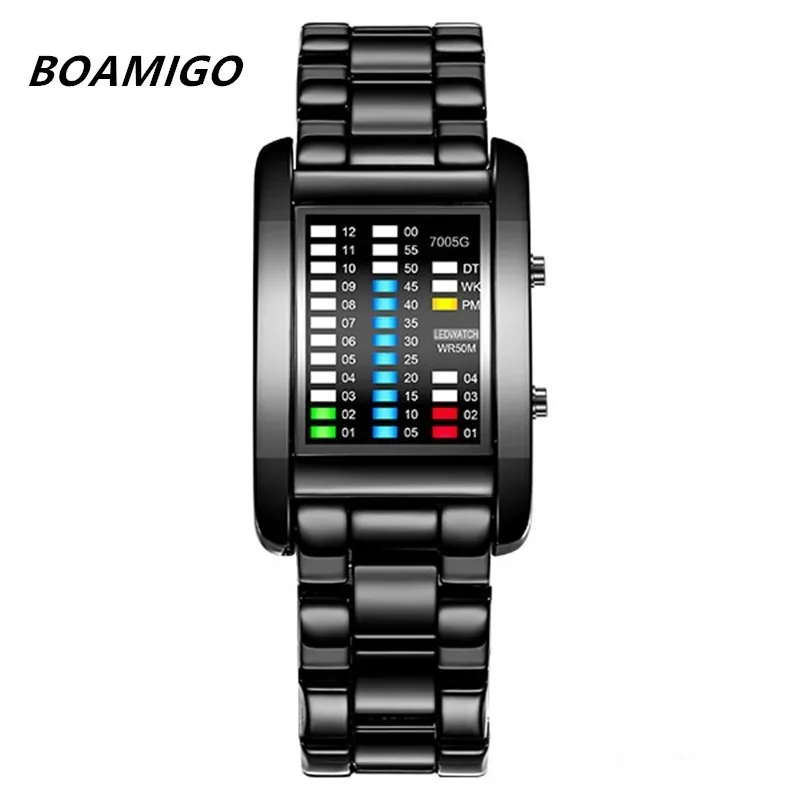 

BOAMIGO Brand Rectangle Creative LED Watch Sport Men's Watches Digital Steel Band Calendar Electronic Wrist Watches Men Clock