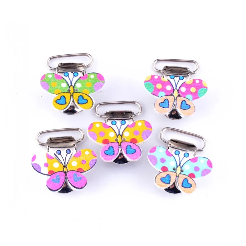 

Free Shipping Retail 2Pcs Baby Pacifier Clips Wood Cartoon Butterfly Pattern Mixed Color Cute Infant Soother Clasps 38x22mm