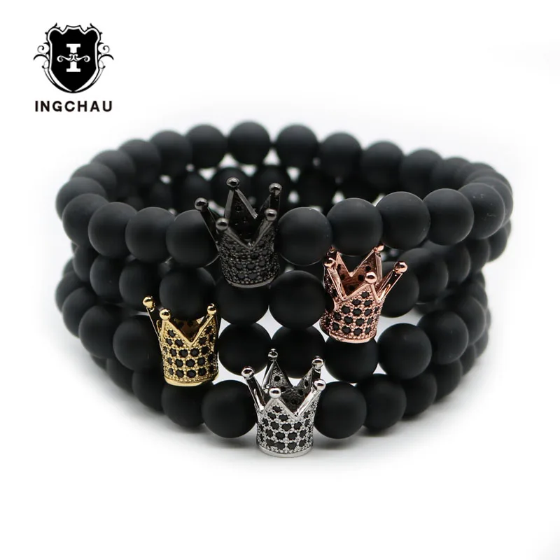 

Micro Pave Black CZ Zirconia Gold-Color King Crown Bracelet Men Dull Polish Matte Stone Bead Bracelets For Men Women NF-1