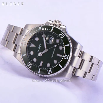 

BLIGER 43mm black Ceramic Bezel dial silver case Luminous sapphire automatic Date Day mens watch
