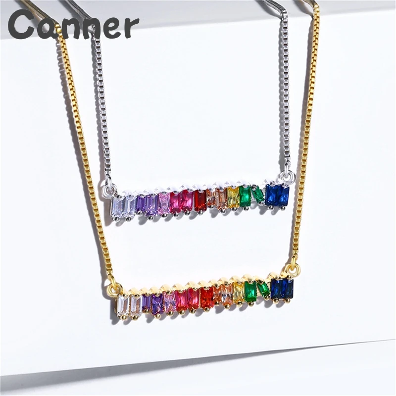 

Canner Colorful CZ Rainbow Necklace Cubic Zirconia Drop Charm Necklace Woman Long Chain Pendants Necklace Fashion Jewelry A40