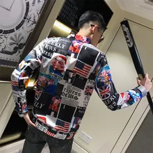 Мужская одежда Осенняя рубашка с принтом газет мужские свободные мужские повседневные рубашки с длинными рукавами уличная универсальная сорочка Homme 3XL-M