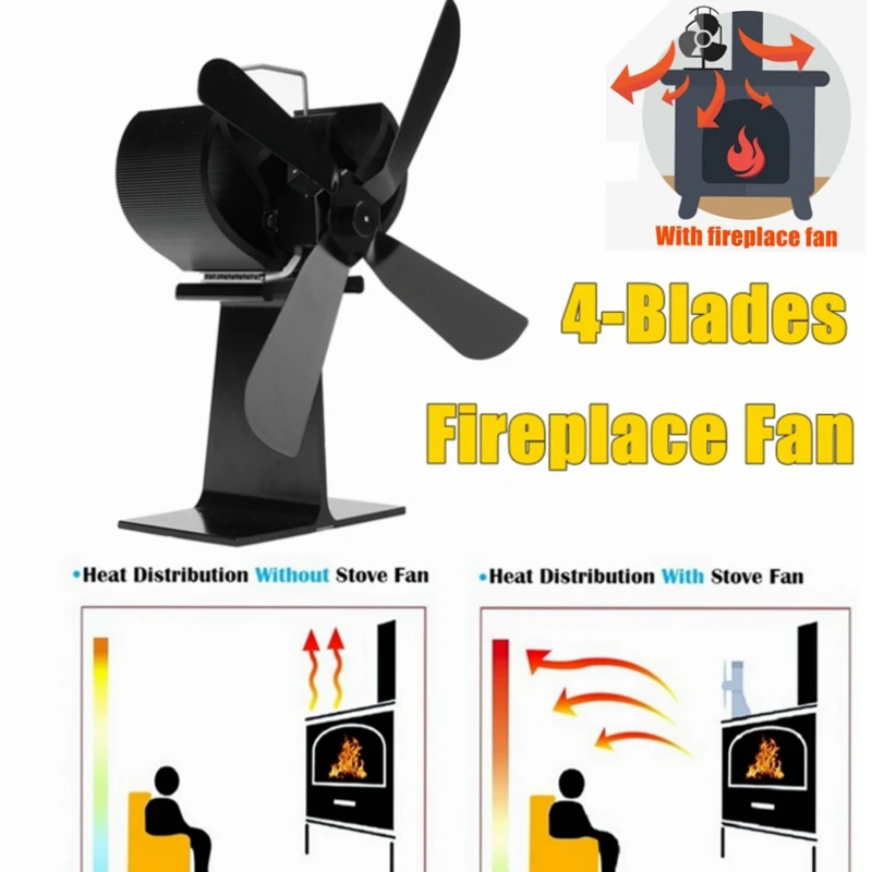 

4 Blades Black Stove Fan with Temperature Monitor Fireplace Fan Wood Burner Stove Thermal Heat Power Stove Fan
