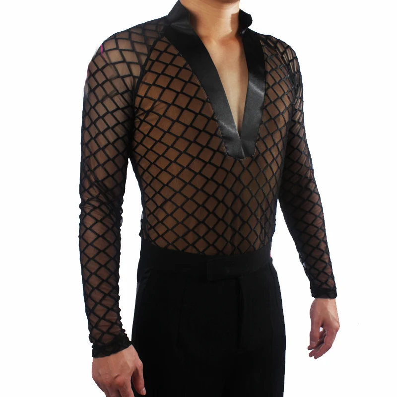 Adult Men'S Latin Dance Tops Sexy Grid Long Sleeves Practice Clothes ...