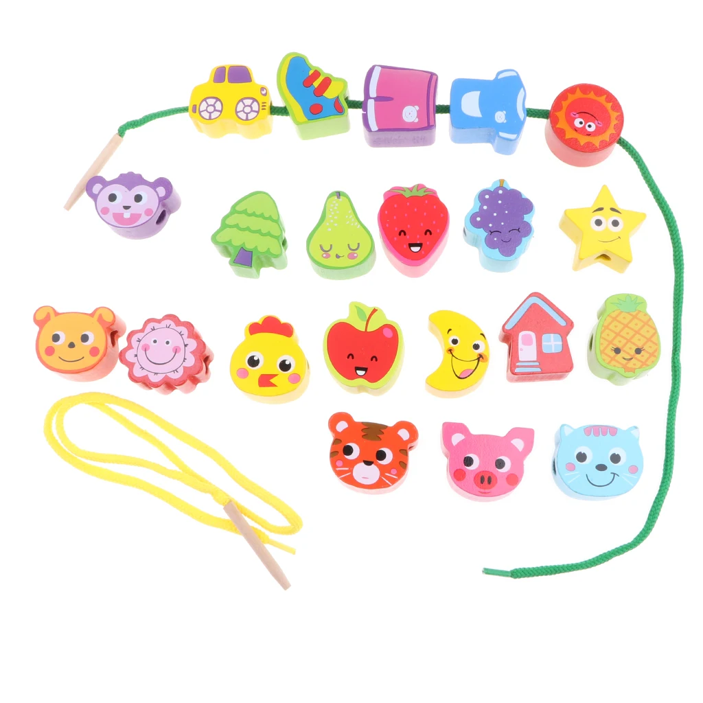 

Wooden Toy Block Set String & Lacing Beads for Toddlers Kids Learning Play Set - 21 pieces