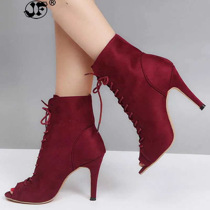 Boots Women Spring Ankle Boots High Heels Peep Toe Cross-Tied Boots Fashion Lace-up Ladies Boots eft678