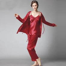 Леди шелковый атлас пижамы женские пикантные комплект из 3 предметов пижамный комплект пижамы v-образным вырезом Топ Длинные рукава полной длины штаны ночная рубашка осень