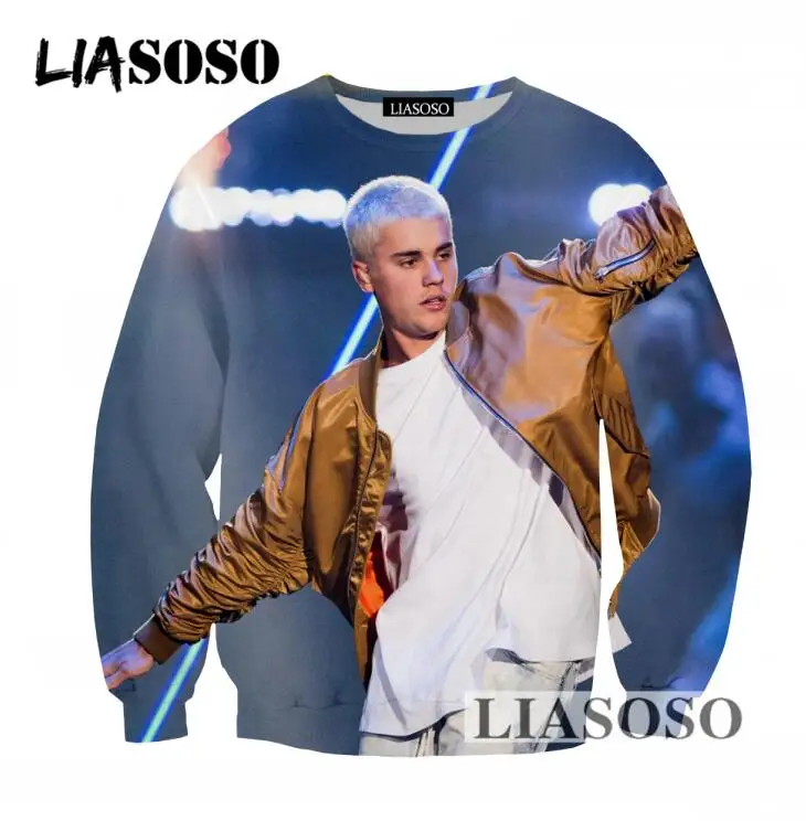 LIASOSO Harajuku Sweatshirt 3D Print Popular Singer Justin Bieber Men Women Tracksuits Loose Long Sleeves Pullovers Tops T743