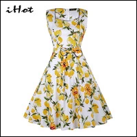 IHOT-high-quality-dresses-women-Summer-Casual-Sleeveless-Yellow-Lemon-Printed-Vintage-50s-Elegant-Bow-Patchwork