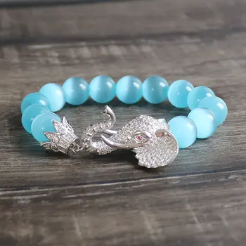 

Trendy 10mm Sky Blue Cat Eye Stone Beads Chain Link Bracelet 4 Colors Elephant Micro Zircon Men Women Charm Bracelet