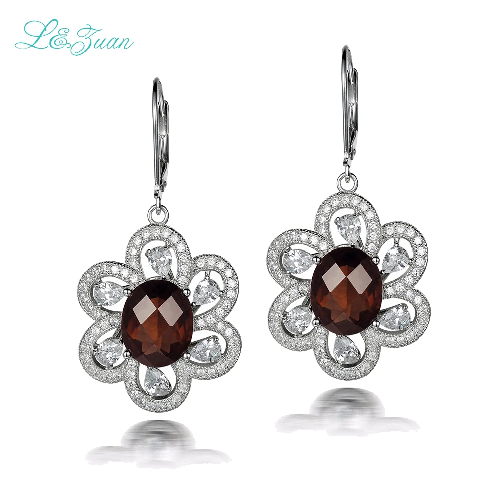 l&zuan S925 Silver Woman drop earrings Trendy 6.68ct Smoky Quartz natrual brown Gemstones flower Fine jewelry