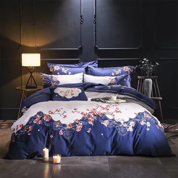 

Luxury Blue White 100S Egyptian Cotton Flower Embroidery Bedding Set Queen King Size Duvet Cover Bed sheet/Linen Pillowcases