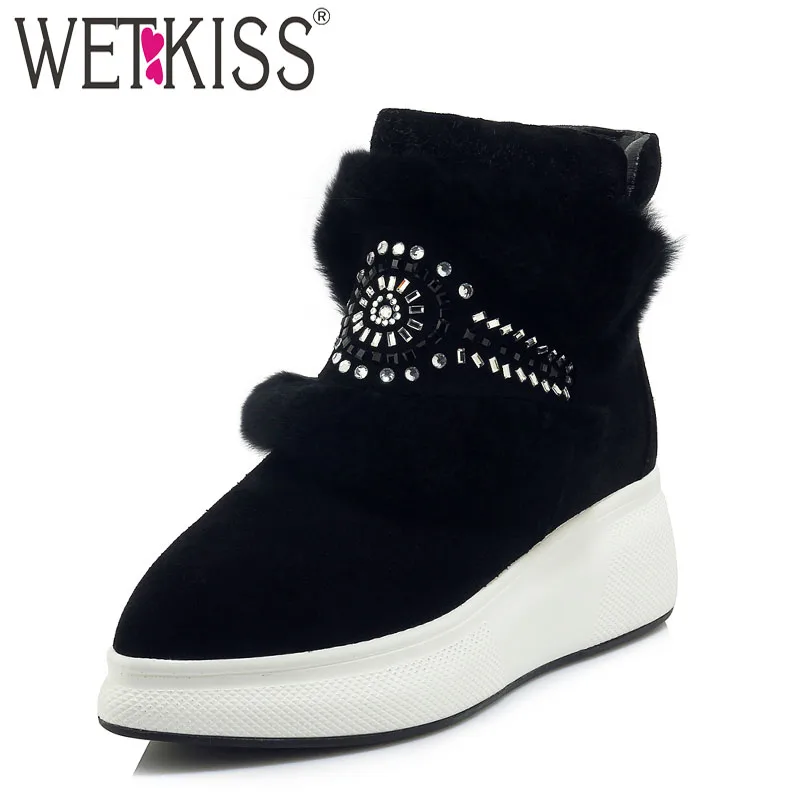 

WETKISS Winter Women Ankle Boots Crystal Pointed Toe Zip Footwear Fur Warm Female Boot Cow Suede Platform Snow Shoes Woman 2018