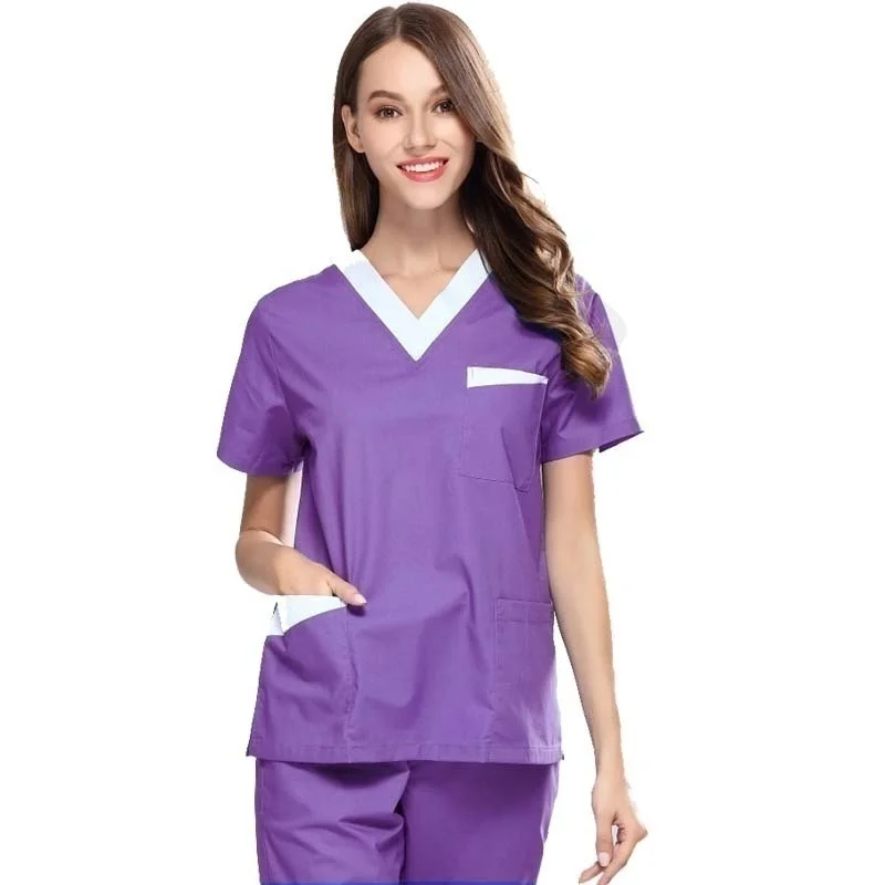 High Quality Women's Medical Uniforms Scrub TOP Short Sleeved V-neck Color Blocking Top Surgery Pharmacy Clothes (juat A Top)