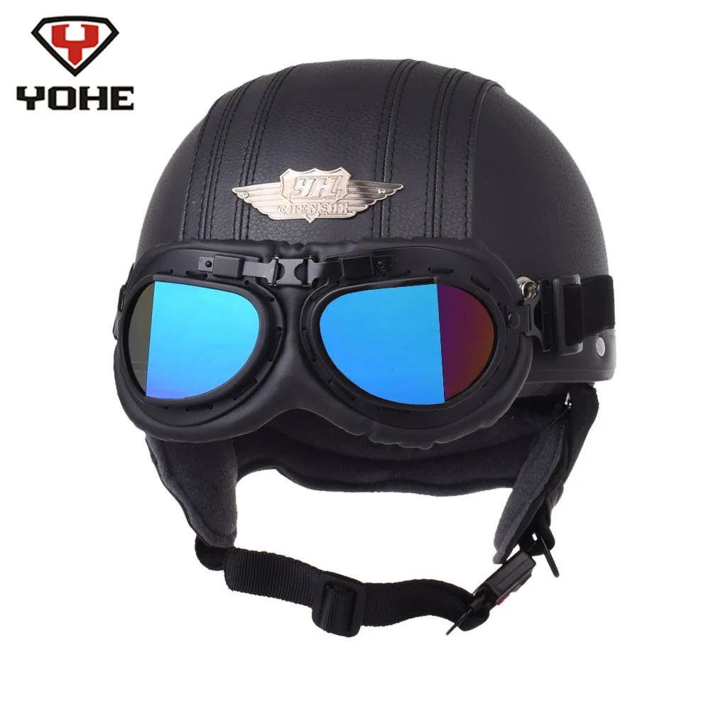 

YOHE Pilot Retro Motorcycle Helmet Chopper Half Helmets Casque Casco Moto Capacetes de Motociclista Kask with A123 Goggles