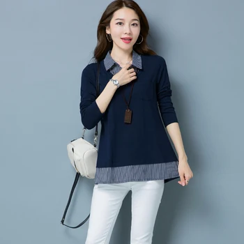 

Long-sleeved T-shirt Women Bottoming Shirt 2020 New Spring Autumn Wild Loose Fashion Striped Fake two-piece Shirt Female XY085
