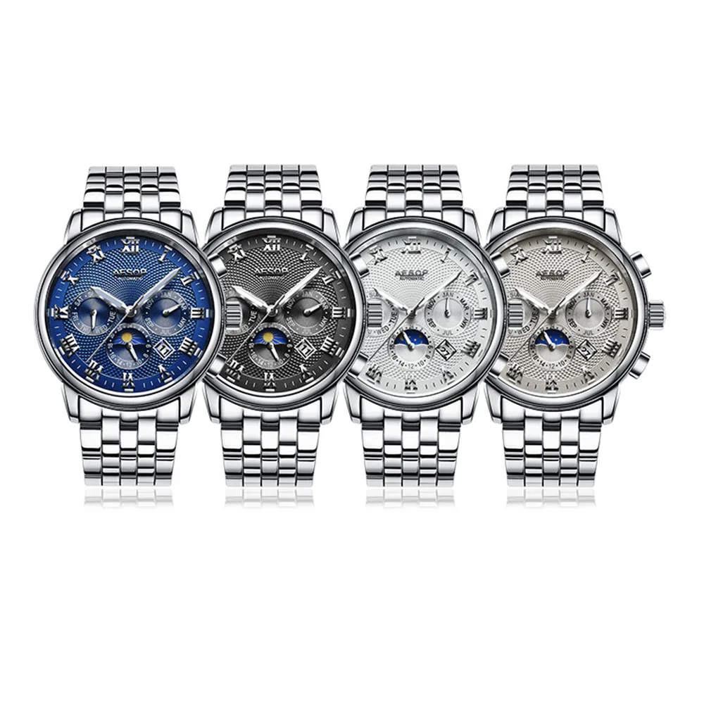 Автоматические механические часы AESOP мужские модные синие наручные из