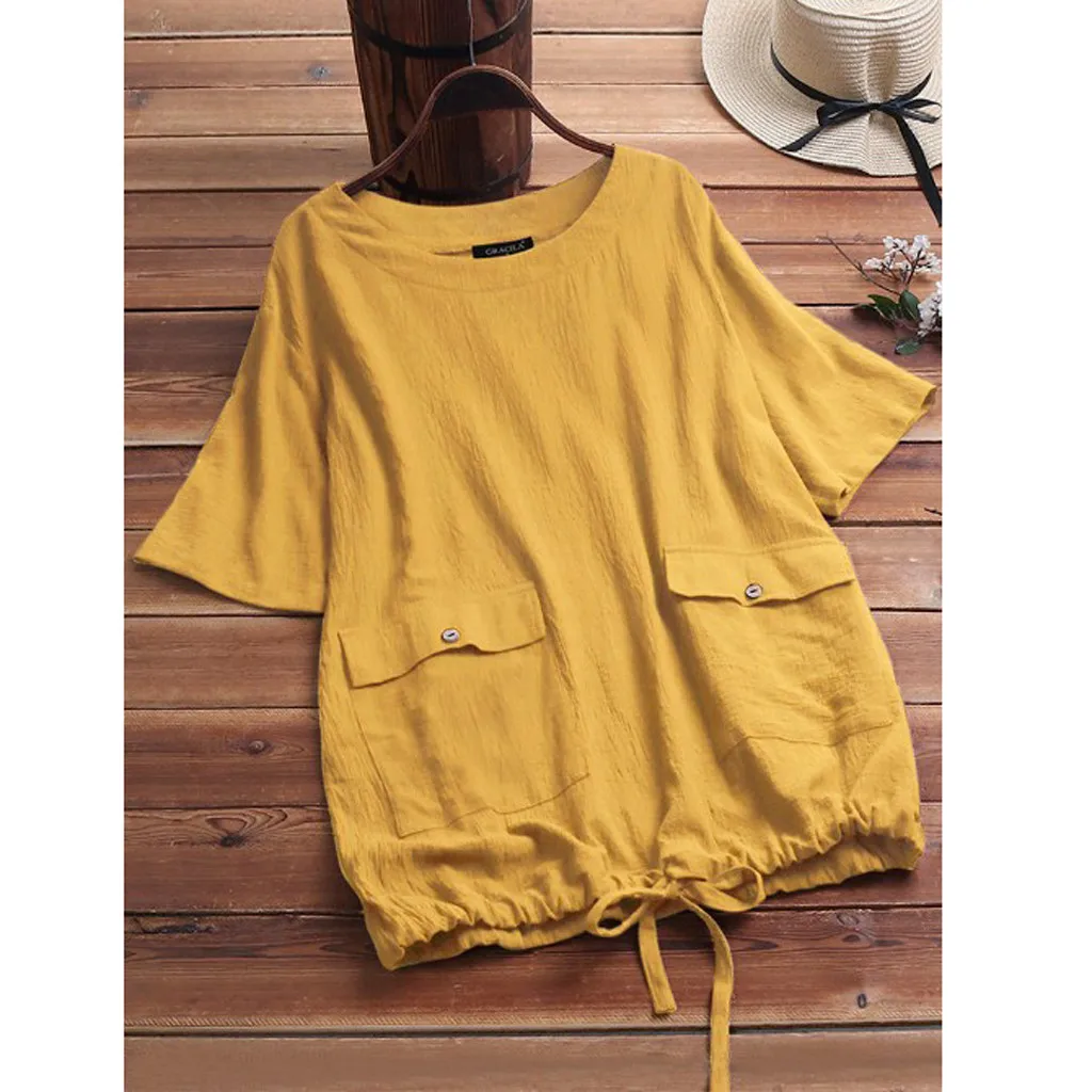 

women blouses Summer Solid with Pocket Short O-Neck Blouse Top women blouses off shoulder top bluzki damskie roupa feminina