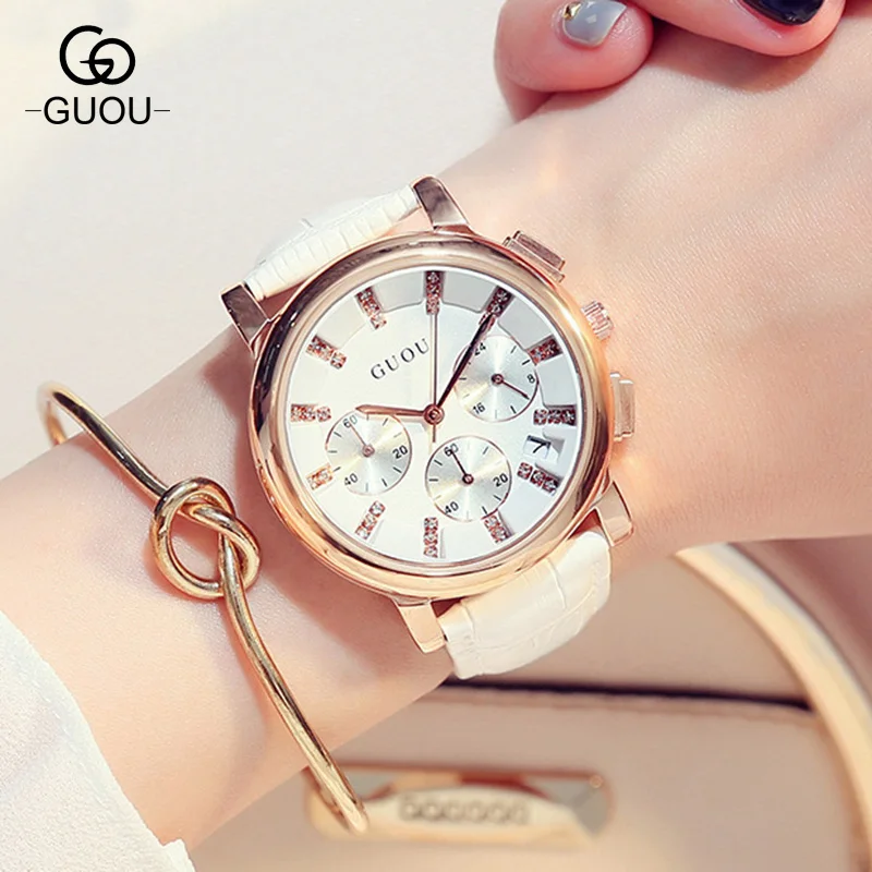 

GUOU Luxury Brand Crystal Watches Woman Genuine Leather Quartz Watch Business Ladies Wristwatch Relogio Clock /w Calendar GU003