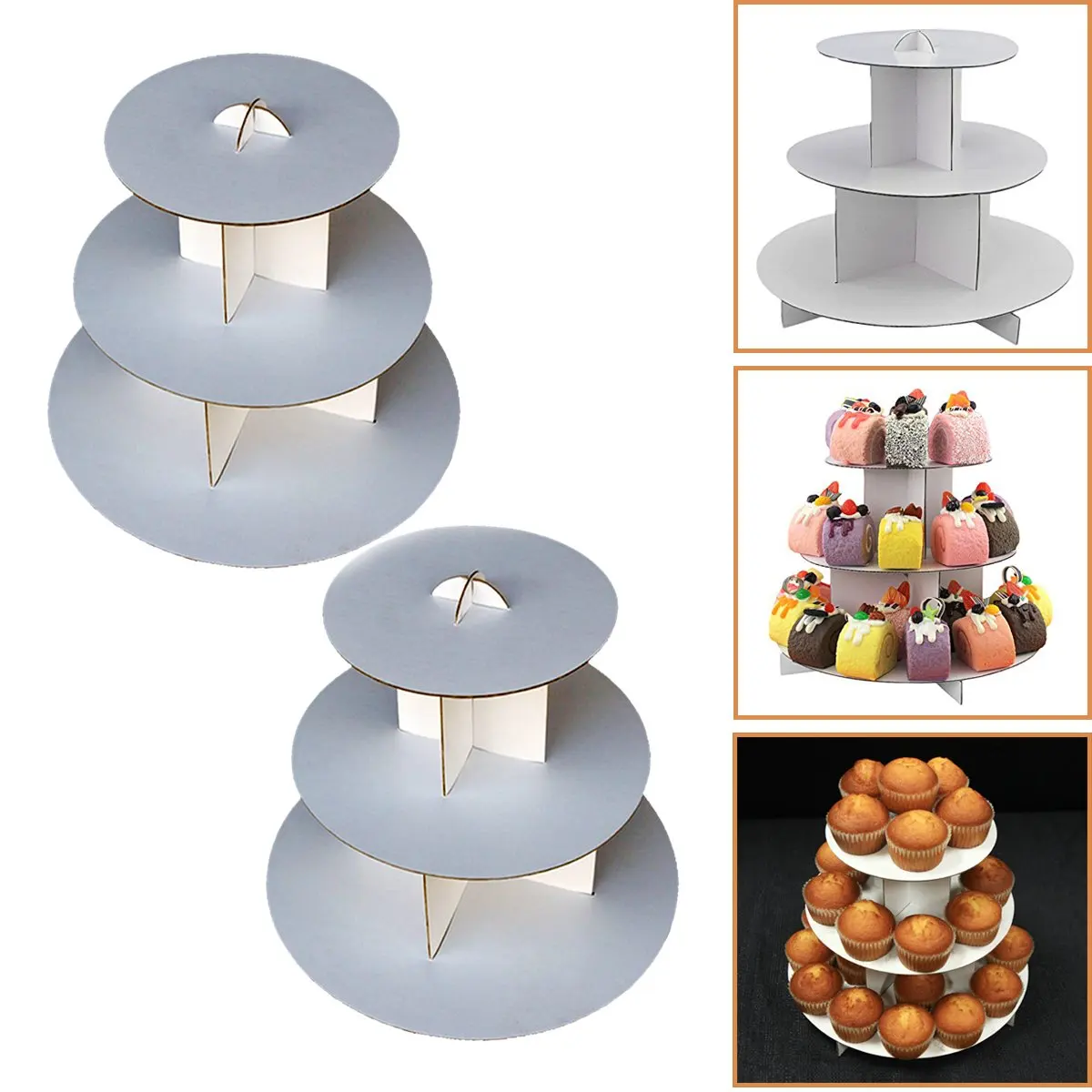 

METABLE (1Pc) White Round Cardboard Cupcake Stand Dessert Tower Treat Stacker Pastry Serving Platter Food Display
