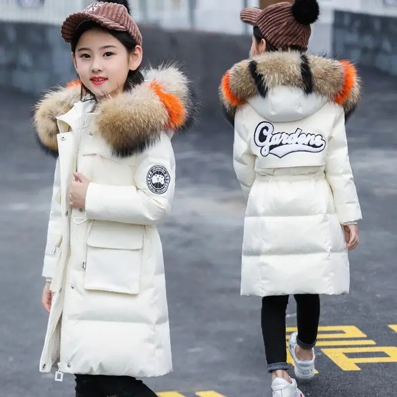 INS girls parkas 5-13 years old winter long thick coat Fur collar embroidered letters hooded trench coat fashion Windbreaker