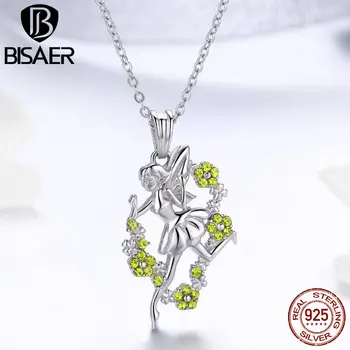 

BISAER 925 Sterling Silver Flower Fairy Silver Necklaces Pendant for Women Green CZ Sterling Silver Jewelry Collar EFN005