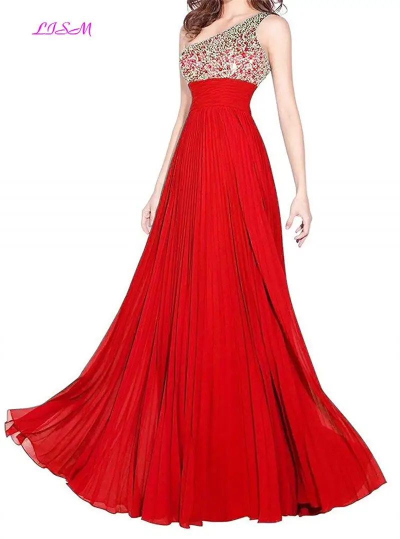 One Shoulder Crystals Chiffon Evening Dresses A-Line Empire Ruffled Prom Party Gowns Long Plus Size Formal Dress vestido festa One Shoulder Crystals Chiffon Evening Dresses A-Line Empire Ruffled Prom Party Gowns Long Plus Size Formal Dress vestido festa