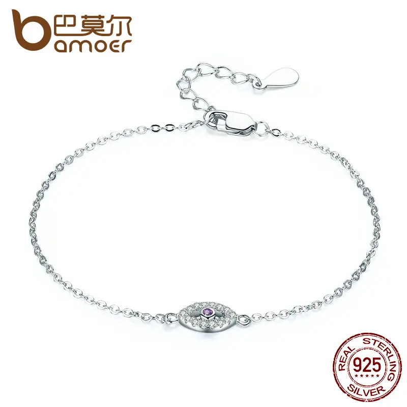 

BAMOER Authentic 925 Sterling Silver Eyes Bracelet Purple Clear Cubic Zircon Adjustable Link Chain Bracelets Jewelry SCB003
