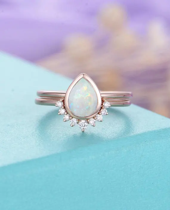 MYRAY Opal Engagement Ring Set 14k Rose Gold Diamond Wedding Band Set