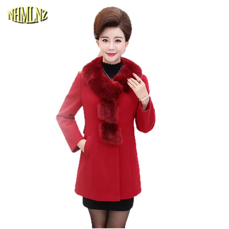 2018 зима среднего возраста Для женщин шерстяное пальто в Корейском стиле Большой размер с меховым воротником шерстяное пальто сплошной