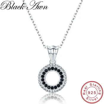 

[BLACK AWN] 925 Sterling Silver Jewelry Black Spinel Slide Necklace for Women Trendy Silver 925 Jewelry P193