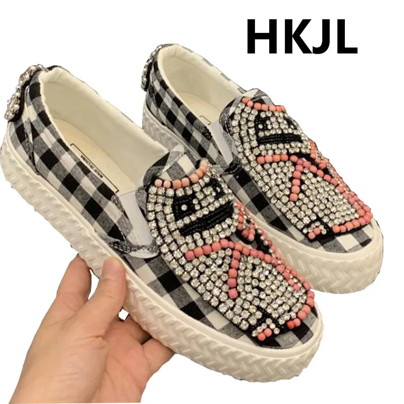 

HKJL all-in-one black and white checked canvas 2019 new heavy water drill one foot slouches women's casual shoes