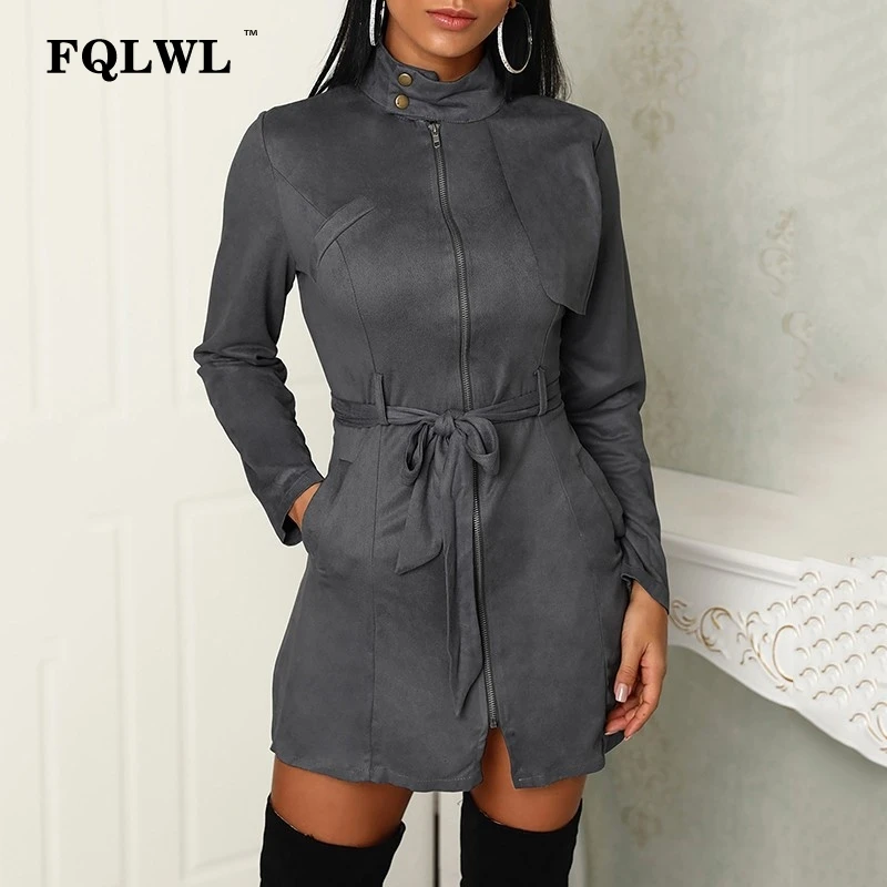 

FQLWL Suede Leather Trench Coat For Women Belt Pocket Long Sleeve Zipper Black Trench Coat Female Autumn Winter Outwear Overcoat